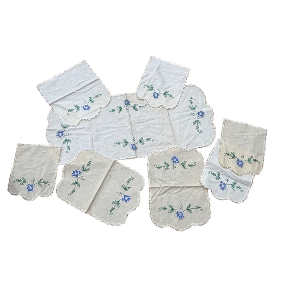 Vintage Hand Embroidered Linen Dresser Scarf Doily Set Blue Pansy Floral 8pc